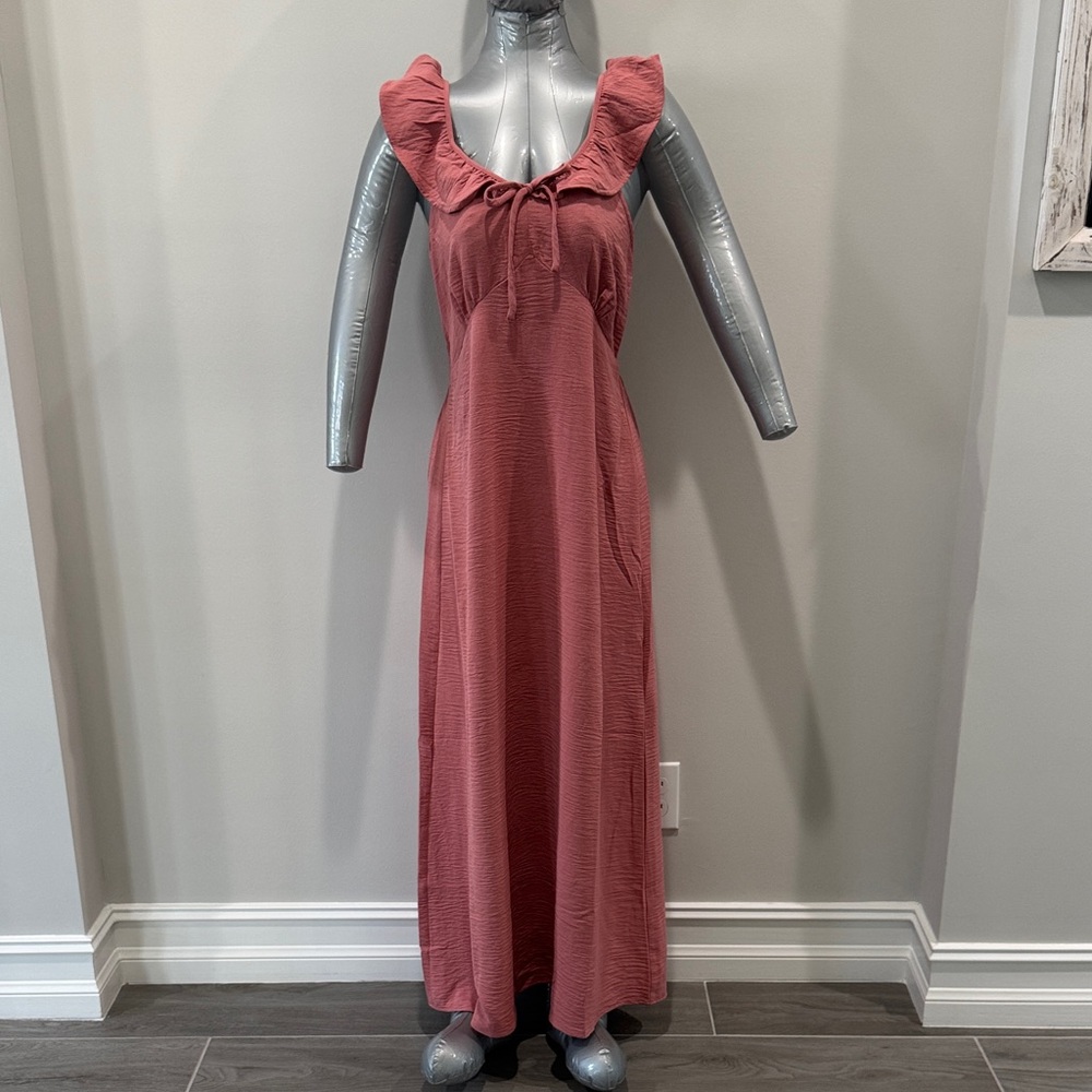 NWT Monteau Sleeveless Ruffle-Trim Maxi Dress in Dusty Rose Sz large